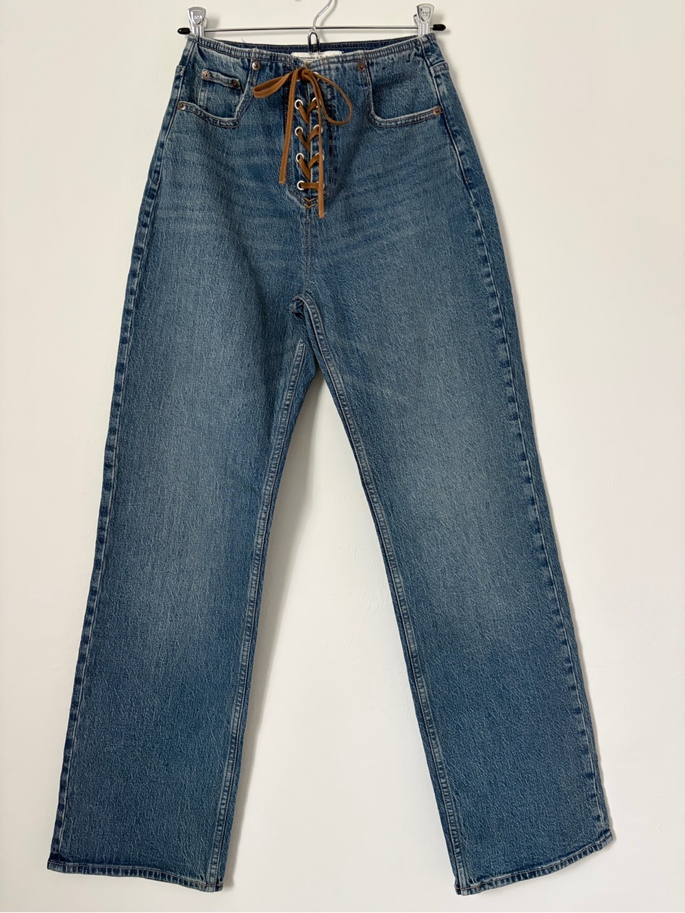 Abercrombie & Fitch Blue Straight-Leg Jeans with Lace-Up Front